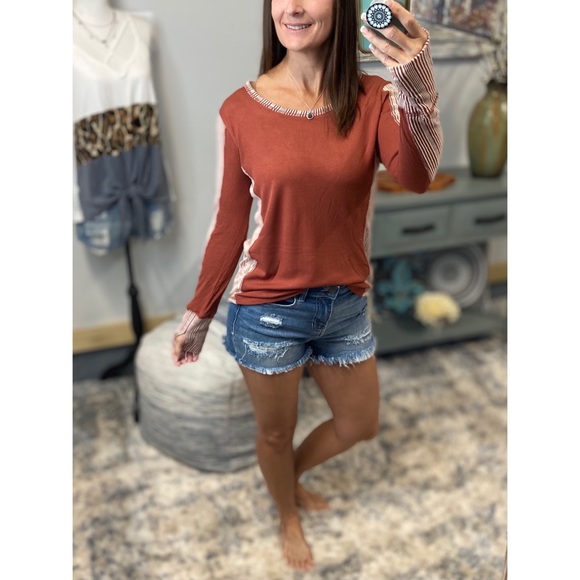 ❤️‍🔥Thumbhole Ribbed Contrast Soft Long Sleeve Top Rust 3621 - Picture 5 of 9